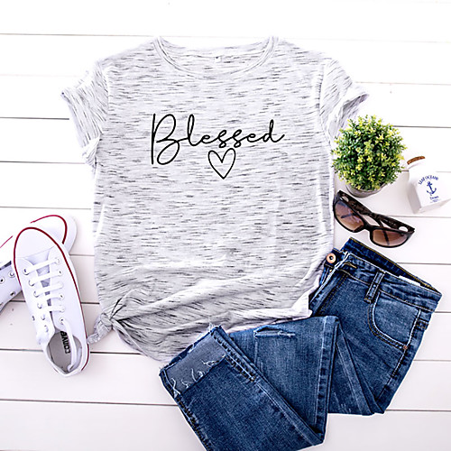 

Women's T shirt Graphic Text Letter Print Round Neck Basic Tops 100% Cotton White Yellow Blushing Pink