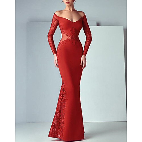 

Mermaid / Trumpet Beautiful Back Floral Engagement Formal Evening Dress Off Shoulder Long Sleeve Floor Length Lace Stretch Satin with Appliques 2021