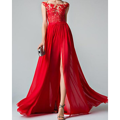 

A-Line Elegant Floral Wedding Guest Formal Evening Dress Illusion Neck Sleeveless Sweep / Brush Train Chiffon with Split Appliques 2021