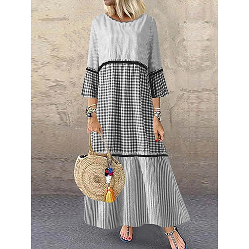 

Women's Shift Dress Maxi long Dress Blue Black Long Sleeve Striped Patchwork Summer Round Neck Hot Casual Loose 2021 M L XL XXL 3XL 4XL 5XL / Cotton / Cotton