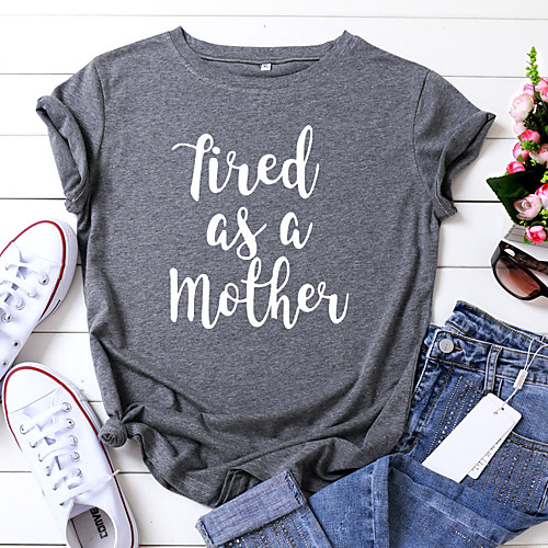 

Women's T shirt Graphic Text Letter Print Round Neck Basic Tops 100% Cotton Black Wine Army Green