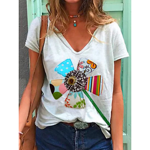 

Women's T shirt Rainbow Print V Neck Basic Tops Cotton White