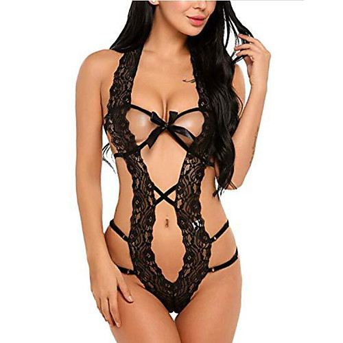 

Women's Plus Size Bodysuits Criss Cross Mesh Lace Embroidered Halter Neck Spring Summer White Black Purple Big Size S M L XL XXL / Bow
