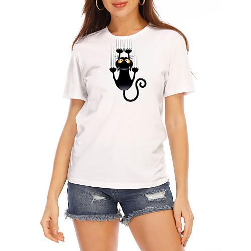 

Women's T shirt Cat Graphic Prints Round Neck Basic Tops 100% Cotton White