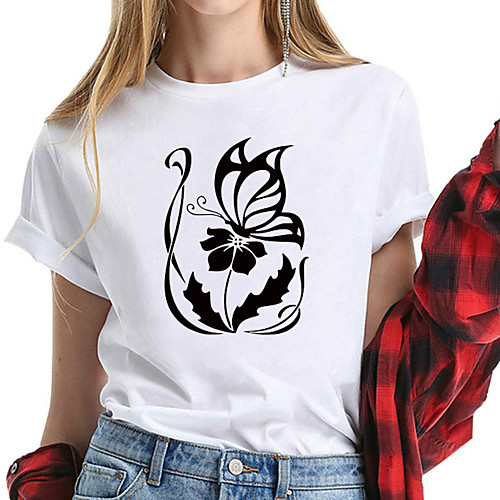 

Women's T shirt Graphic Prints Print Round Neck Basic Tops 100% Cotton White Black Yellow