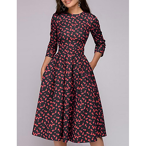 

Women's A Line Dress Midi Dress Red 3/4 Length Sleeve Floral Print Spring Round Neck Hot Going out S M L XL XXL