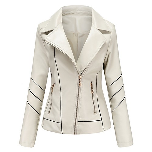 

Women's Faux Leather Jacket Daily Spring & Fall Regular Coat Notch lapel collar Regular Fit Jacket Long Sleeve Solid Colored Green Black