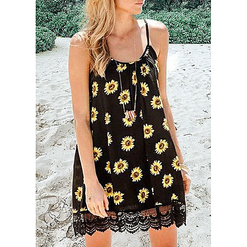 

Women's Strap Dress Short Mini Dress Black Sleeveless Daisy Floral Lace Print Summer Hot Sexy Holiday 2021 S M L XL XXL