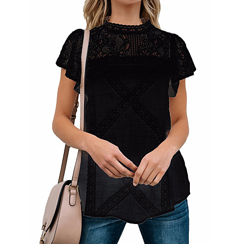 

Women's T shirt Plain Solid Colored Cut Out Lace Round Neck Streetwear Tops Cotton White Black Blue