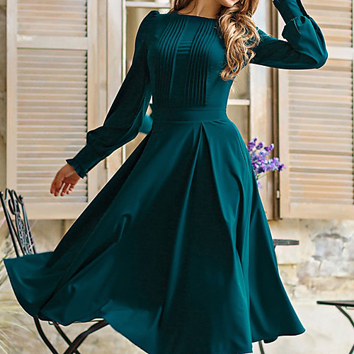 

Women's A Line Dress Knee Length Dress Green Long Sleeve Solid Color Ruched Patchwork Spring Summer Round Neck Hot Casual Lantern Sleeve Loose 2021 S M L XL XXL