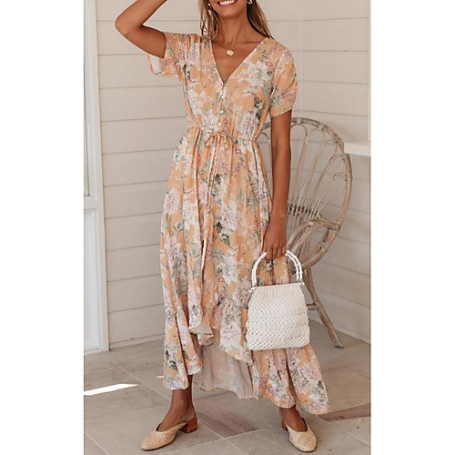 

Women's Sundress Maxi long Dress Blushing Pink Short Sleeve Floral Print Summer V Neck Mumu 2021 S M L XL