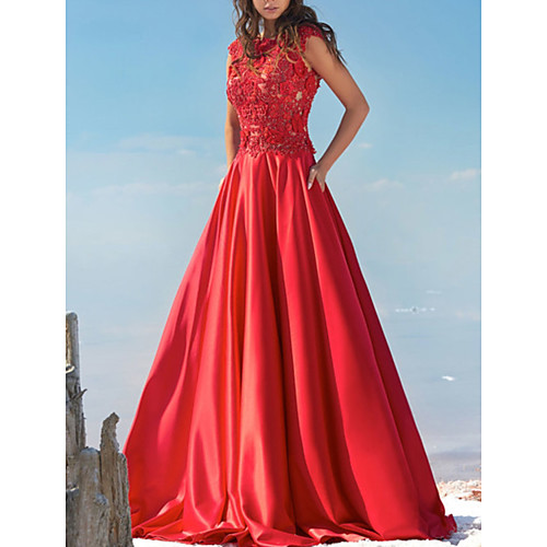 

A-Line Beautiful Back Floral Engagement Formal Evening Dress Jewel Neck Sleeveless Sweep / Brush Train Lace Satin with Pleats Appliques 2021