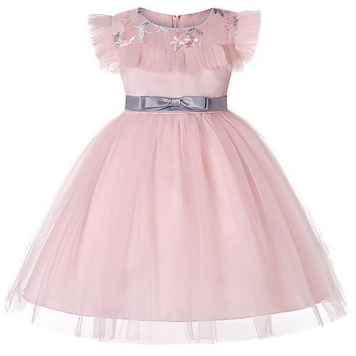 

Princess Floor Length Flower Girl Dresses Party Tulle Short Sleeve Jewel Neck with Sash / Ribbon