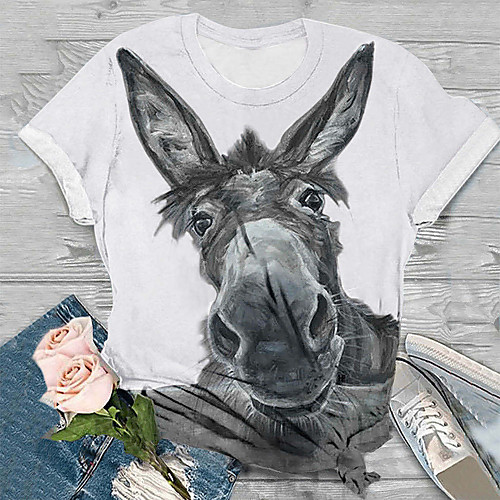 

Women's T shirt Animal Round Neck Basic Tops White Red Gray