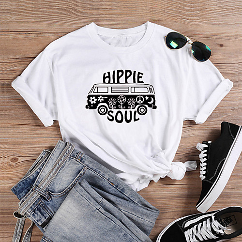 

Women's T shirt Graphic Text Graphic Prints Print Round Neck Basic Tops 100% Cotton White Black Wine