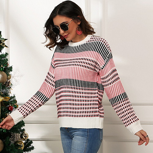 

Women's Plaid Pullover Long Sleeve Sweater Cardigans Round Neck Boat Neck Fall Rainbow