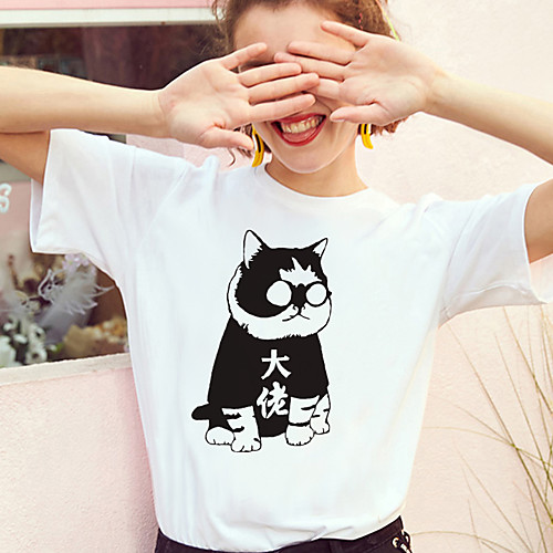 

Women's T shirt Cat Print Round Neck Basic Tops 100% Cotton White Black Yellow