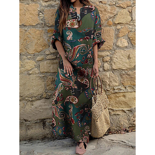 

Women's Shift Dress Maxi long Dress Green Red Long Sleeve Print Patchwork Print Spring Summer V Neck Hot Casual Loose 2021 M L XL XXL 3XL 4XL 5XL / Cotton / Cotton