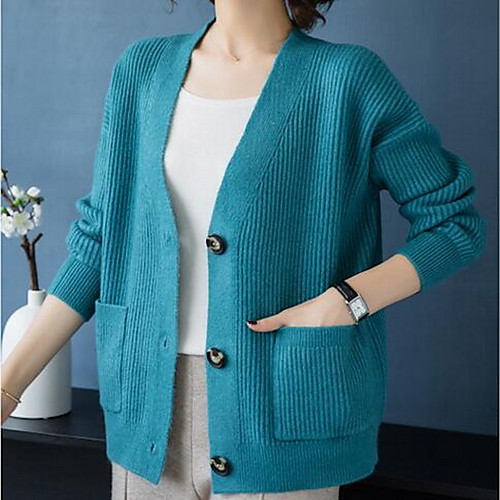 

Women's Solid Colored Cardigan Long Sleeve Sweater Cardigans V Neck Fall White Blue Red