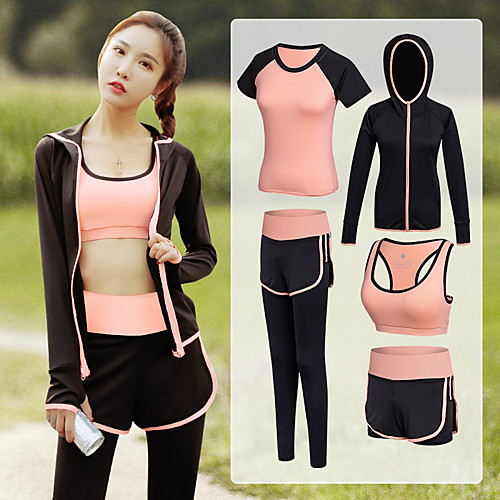 

Women's Full Zip Activewear Set Workout Outfits Athletic Athleisure 5pcs Winter Long Sleeve Quick Dry Lightweight Breathable Fitness Gym Workout Running Active Training Jogging Sportswear Black