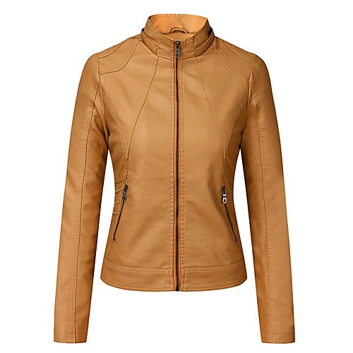 

Women's Faux Leather Jacket Daily Spring & Fall Regular Coat Regular Fit Jacket Long Sleeve Solid Colored Yellow Blushing Pink