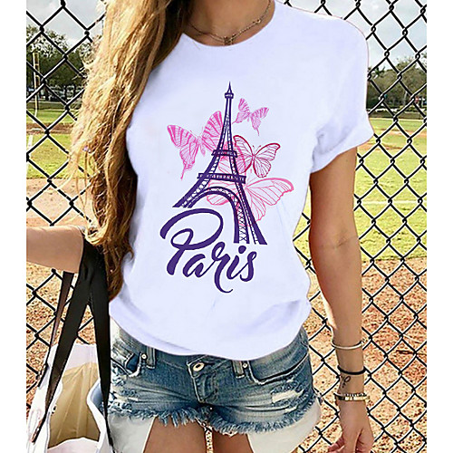 

Women's T shirt Butterfly Graphic Prints Round Neck Tops 100% Cotton White