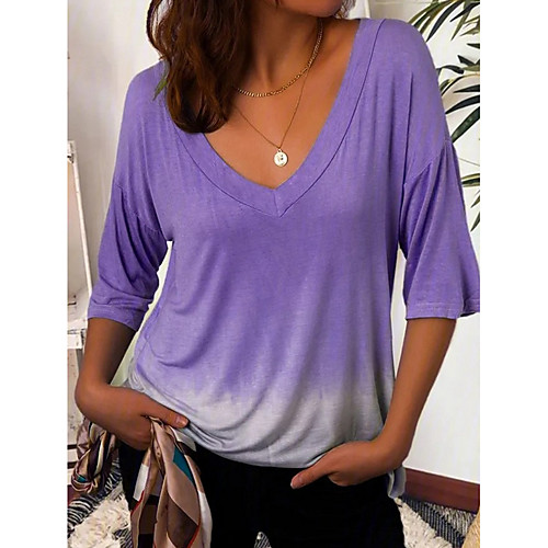 

Women's T shirt Color Gradient V Neck Tops Blue Purple Red