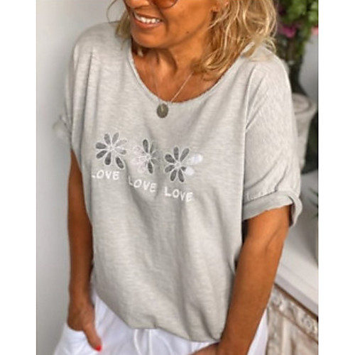 

Women's T shirt Floral Flower Printing Round Neck Tops Gray