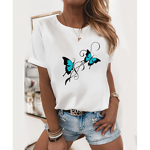 

Women's T shirt Butterfly Graphic Prints Round Neck Tops 100% Cotton White