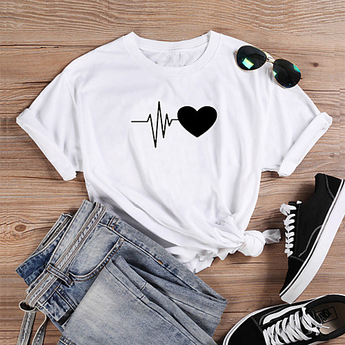 

Women's T shirt Graphic Heart Text Print Round Neck Basic Tops 100% Cotton White Black Red