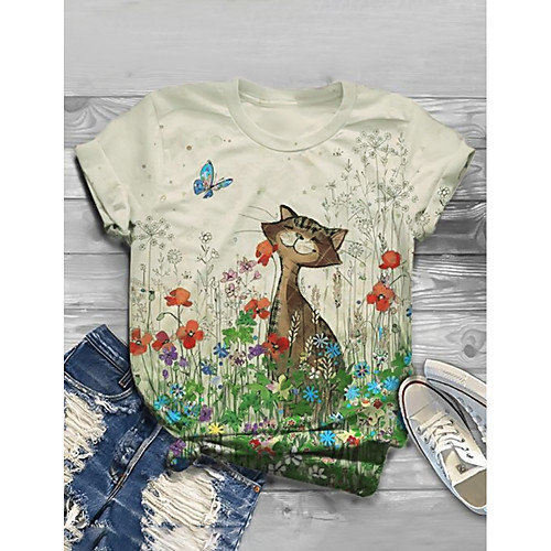 

Women's T shirt Floral Flower Animal Long Sleeve Print Round Neck Basic Tops Beige