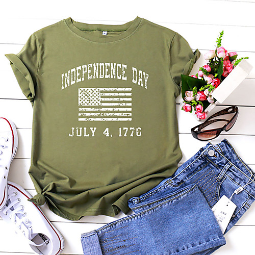 

Women's T shirt Graphic Text American Flag Print Round Neck Basic Tops 100% Cotton Wine Army Green Black