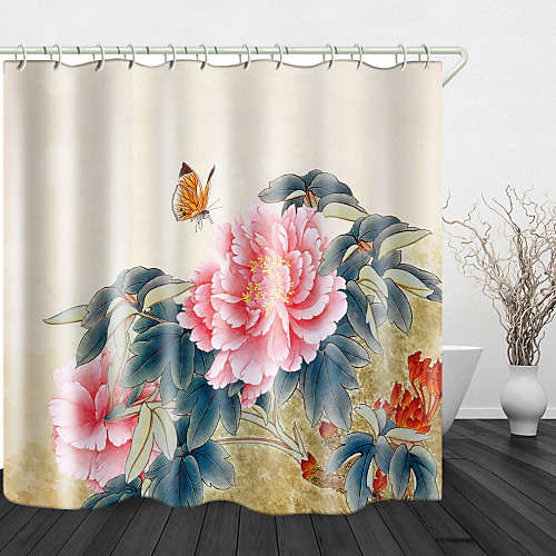 

Pink Peony Digital Print Waterproof Fabric Shower Curtain For Bathroom Home Decor Covered Bathtub Curtains Liner Includes With Hooks