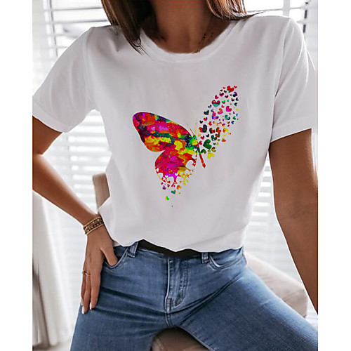 

Women's T shirt Butterfly Graphic Prints Round Neck Tops 100% Cotton White