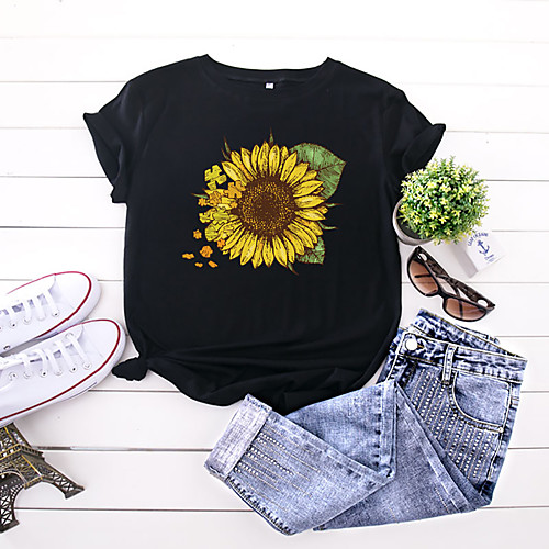 

Women's T shirt Floral Flower Sunflower Print Round Neck Basic Tops 100% Cotton White Black Yellow