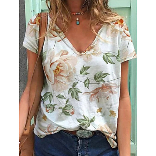 

Women's T shirt Floral Flower V Neck Tops White