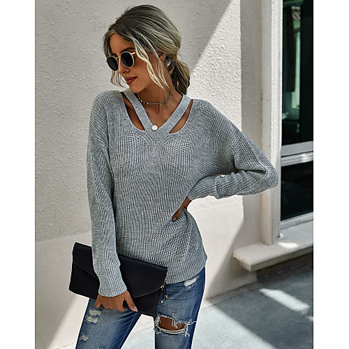

Women's Streetwear Hollow Out Knitted Solid Colored Pullover Acrylic Fibers Long Sleeve Sweater Cardigans V Neck Fall Winter Blue Fuchsia Khaki