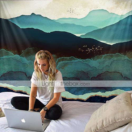 

Large and spectacular night view tapestry of green hills and birds retro hippie tapestry for yoga and beach home decoration
