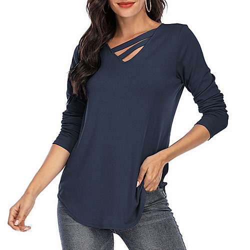 

Women's T shirt Plain Solid Colored Long Sleeve V Neck Tops White Black Wine