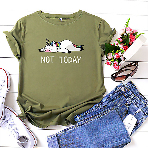 

Women's T shirt Cartoon Graphic Text Print Round Neck Basic Tops 100% Cotton Black Yellow Blushing Pink