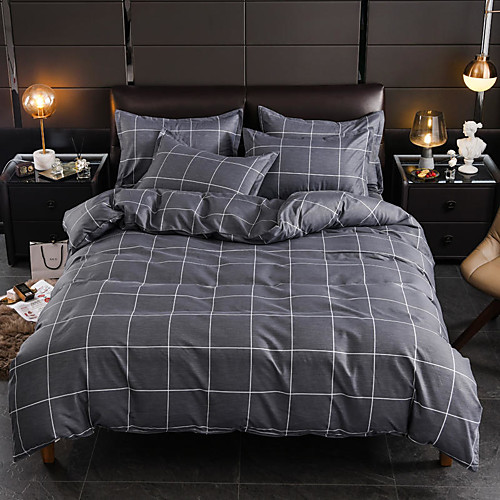 

Grey Plaid Print Brushed Microfiber Duvet Cover Set Lightweight Reversible Zipper Closure Soft 4Pcs Set(1 Duvet Cover 1 Bed Sheet 2 Pillow Pillowcases)