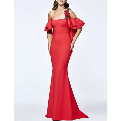 

Mermaid / Trumpet Beautiful Back Floral Engagement Formal Evening Dress Spaghetti Strap Short Sleeve Court Train Satin with Appliques 2021