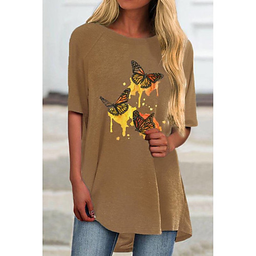 

Women's T shirt Dress Tunic T shirt Butterfly Printing Animal Print Round Neck Basic Tops Cotton Blue Khaki Light Blue