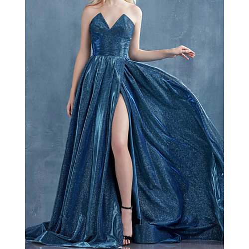 

A-Line Glittering Sexy Party Wear Prom Dress V Neck Sleeveless Sweep / Brush Train Satin with Pleats Split 2021