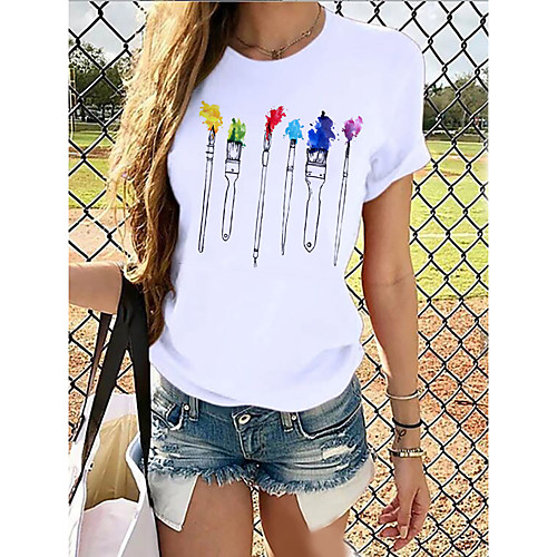 

Women's T shirt Graphic Prints Round Neck Tops Loose 100% Cotton White