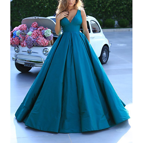 

Ball Gown Minimalist Elegant Quinceanera Prom Dress V Neck Sleeveless Sweep / Brush Train Satin with Pleats 2021