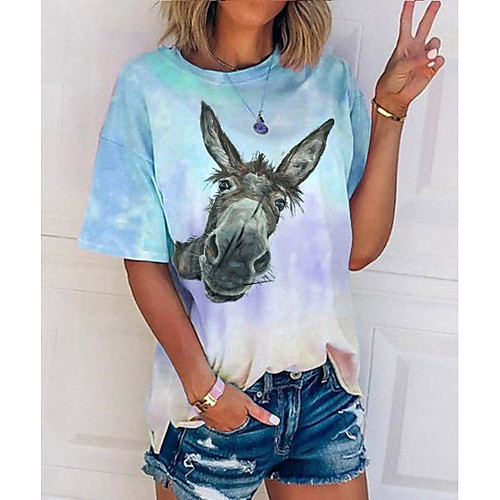 

Women's T shirt Animal Round Neck Tops Purple Blushing Pink Green