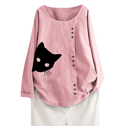 

Women's Blouse Shirt Cat Long Sleeve Button Print Boat Neck Basic Tops White Blushing Pink Navy Blue