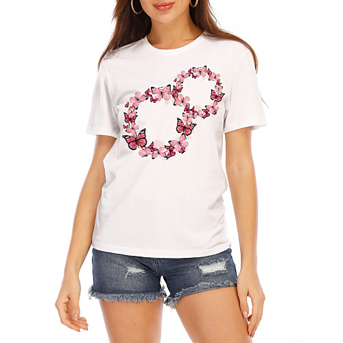 

Women's T shirt Butterfly Graphic Prints Round Neck Tops 100% Cotton White