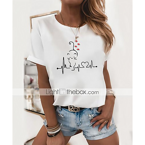 

Women's T shirt Graphic Prints Round Neck Tops Slim 100% Cotton White